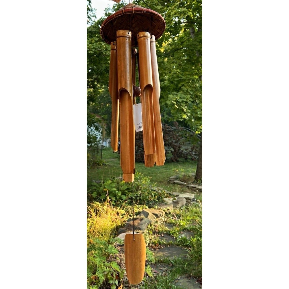 NWT Asli Arts Hand Carved Bamboo Wind Chime Brown Asian Nature Porch Outdoor